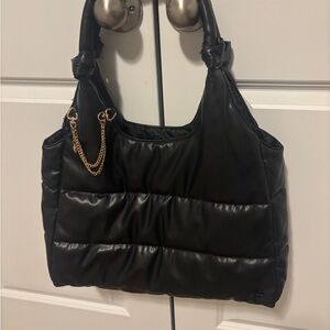 Chic Black Women's Shoulder Bag with Gold Accents